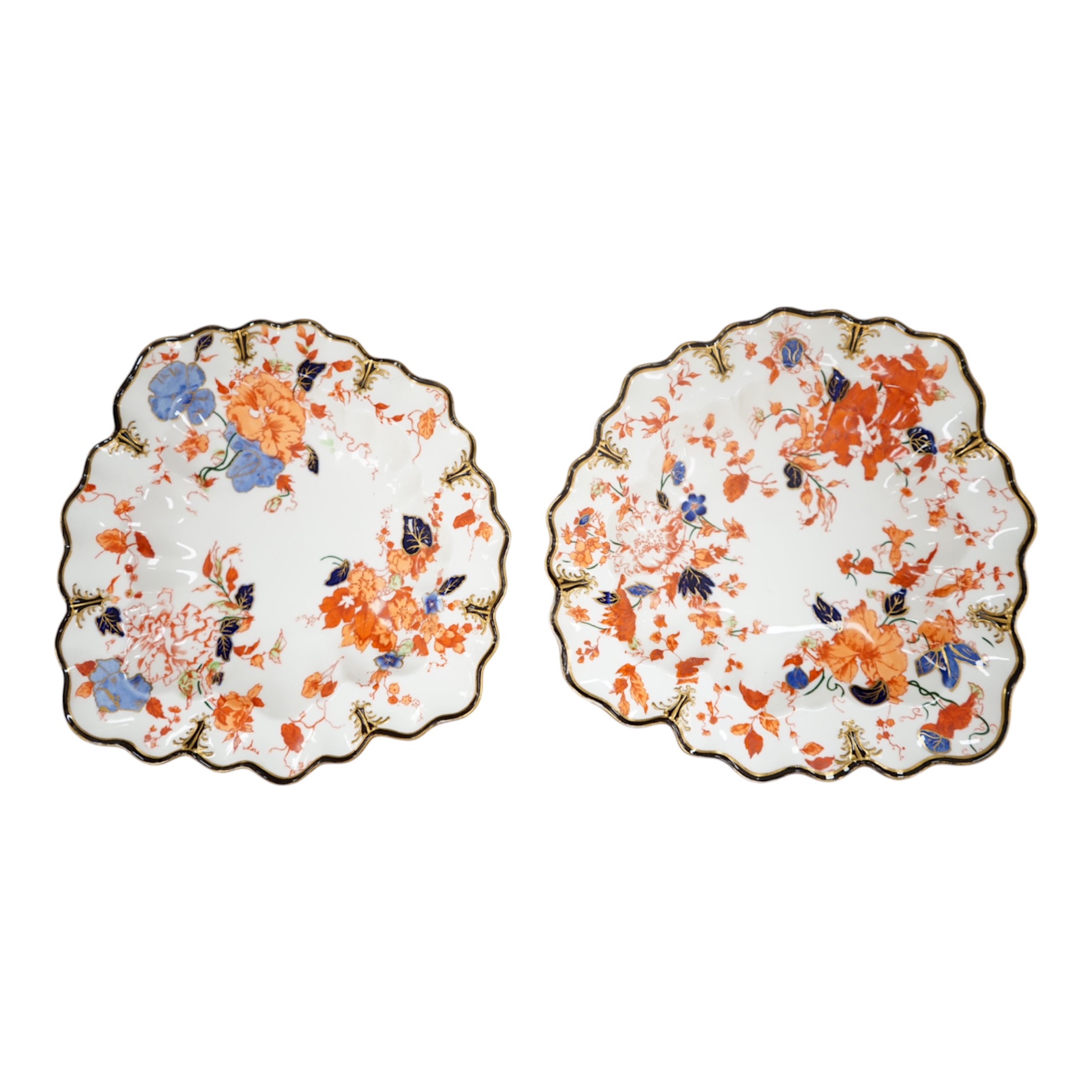 A pair of Royal Crown Derby leaf shaped dessert dishes, pattern 3504, 24.5cm. Condition - good